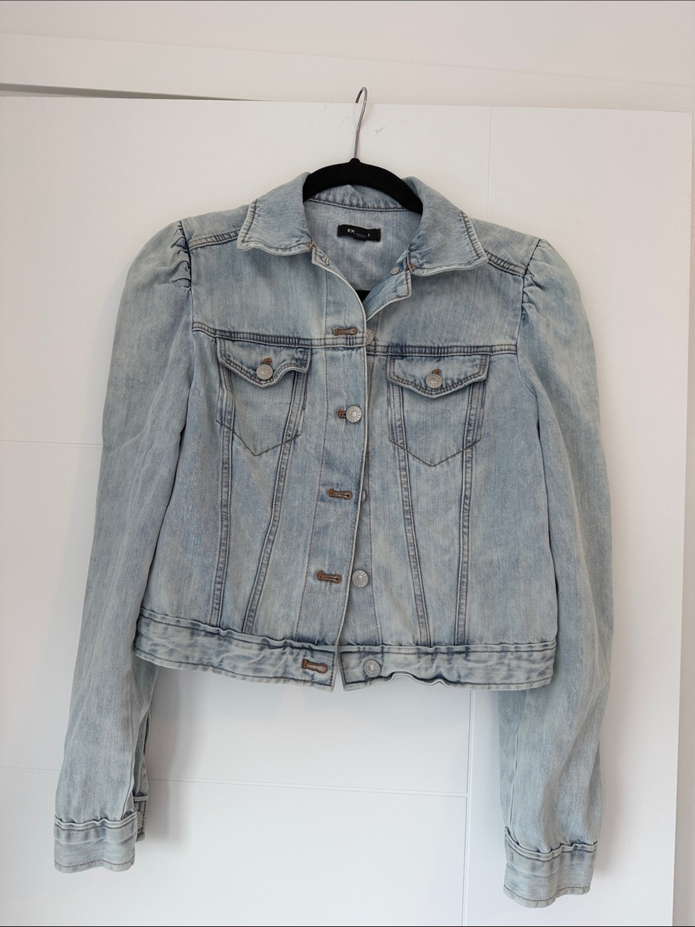 Express Acid Wash Denim Jacket with Puff Sleeves